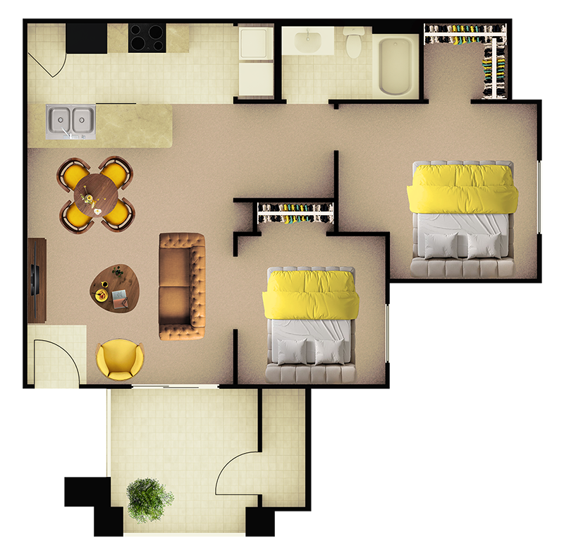 Floor plan for 1 bed, 1 bath, 928 sqft